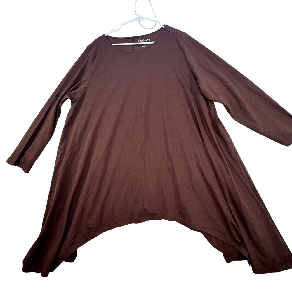 Roaman's 22-24 Tunic Top Women 1X Brown LS Sharkbite Hem Cotton Casual Flowy